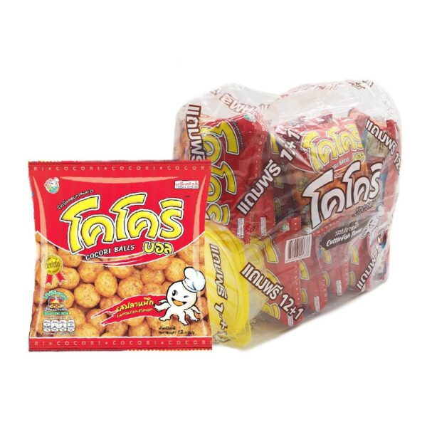 makro-snack-1607 โคโคริ บอล ข้าวโพดอบกรอบ รสปลาหมึก 12 ก. x 12