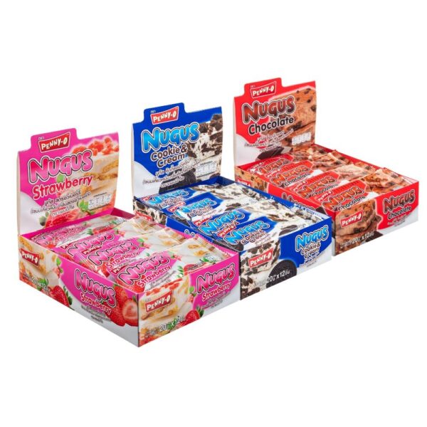 makro-snack-1644 เพนนีโอ นูกัส ขนมเคี้ยวหนึบ รสช๊อคโกแลต รสคุกกี้แอนด์ครีม และ รสสตรอว์เบอร์รี่ 20 กรัม แพ็ก 12 ชิ้น (แพ็กรวมรส)