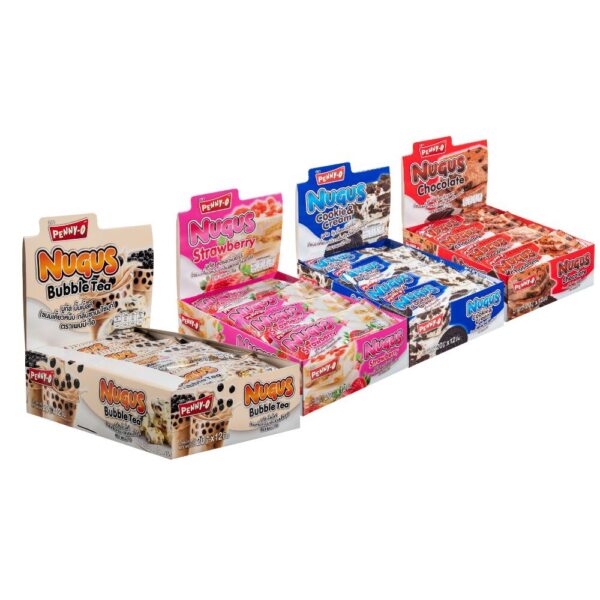 makro-snack-1662 เพนนีโอ นูกัส ขนมเคี้ยวหนึบ รสชานมไข่มุก รสช๊อคโกแลต รสคุกกี้แอนด์ครีม และ รสสตรอว์เบอร์รี่ 20 กรัม แพ็ก 12 ชิ้น (รวมรส)
