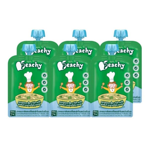 Peachy ชุดสุดค้ม รสปลาแพนกาเซียสผสมผักโขมและมันฝรั่งบด  6 ถุง ( R23 = 6 ถุง)