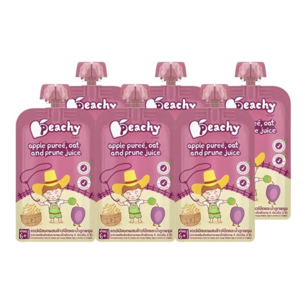 makro-snack-1683 Peachy ชุดสุดคุ้ม รสแอปเปิ้ลบดผสมข้าวโอ๊ตและน้ําลูกพรุน 6 ถุง (R20 = 6ถุง)