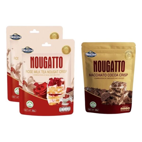 [3 ห่อ ] Nezline Nougatto Nougat Crisp นูกัตโตะ ขนมนูกัต มาเคียโต้ 50 กรัม ตราเนสไลน์ ชากุหลาบ2+ช็อก1