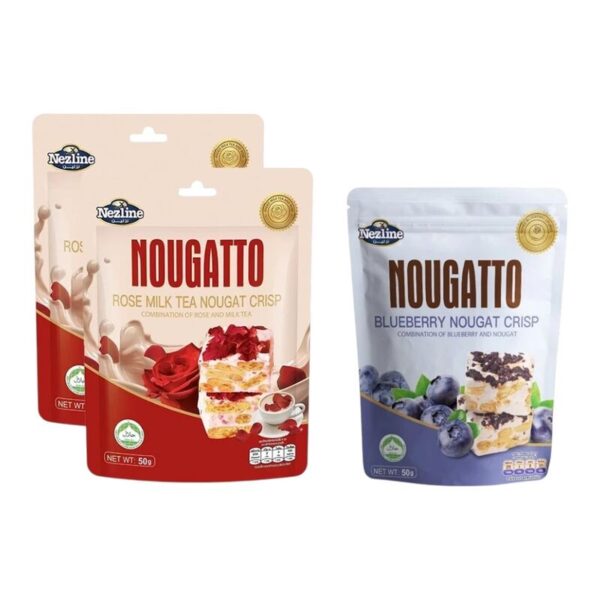 [3 ห่อ 100 บาท] (50 กรัม) Nezline Nougatto Nougat Crisp นูกัตโตะ ขนมนูกัต มาเคียโต้ 3 รสชาติ ขนาดพกพา ตราเนสไลน์ ชากุหลาบ2+บลู