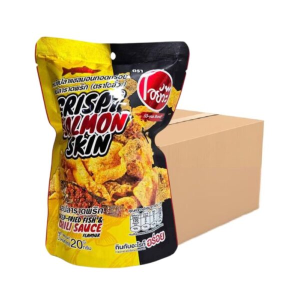 makro-snack-1752 O-yua หนังปลาแซลม่อนทอดกรอบ รสปลาราดพริก 20g (จําหน่ายแบบยกลัง 36ซอง) Crispy salmon Skin Deep-Fried Fish &Chili Sauce Fla.