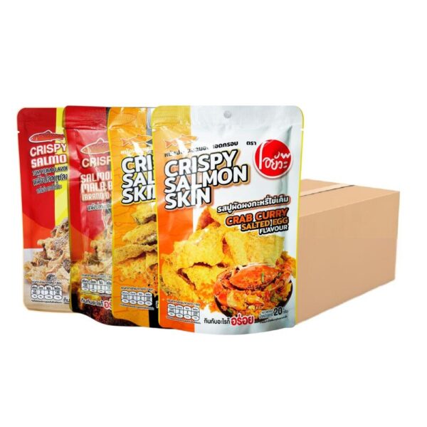 O-yua หนังปลา แซลม่อนทอดกรอบ 20 กรัม. ยกลัง คละ 4 รสชาติ (36 ซอง/ลัง) Crispy salmon Skin 4 Flavour. 20g.