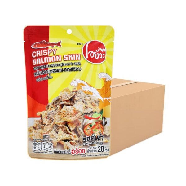 makro-snack-1780 O-yua หนังปลา แซลมอนทอดกรอบ รสต้มยํากุ้ง จําหน่ายแบบยกลัง (36 ซอง/ลัง) Crispy Salmon Skin Tom Yum 20 g.