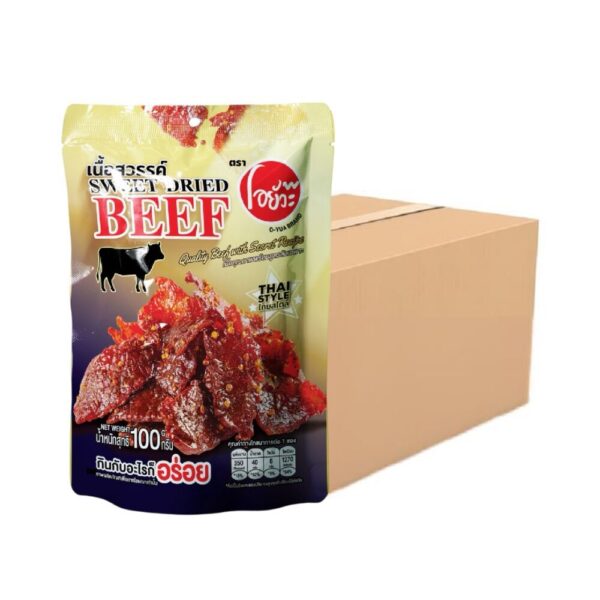 makro-snack-1788 O-yua เนื้อสวรรค์ ตราโอยั๊วะ Sweet Dried Beef ขนาดบรรจุ 100 กรัม (จําหน่ายแบบยกลัง 24 ซอง) สินค้ามีฮาลาล