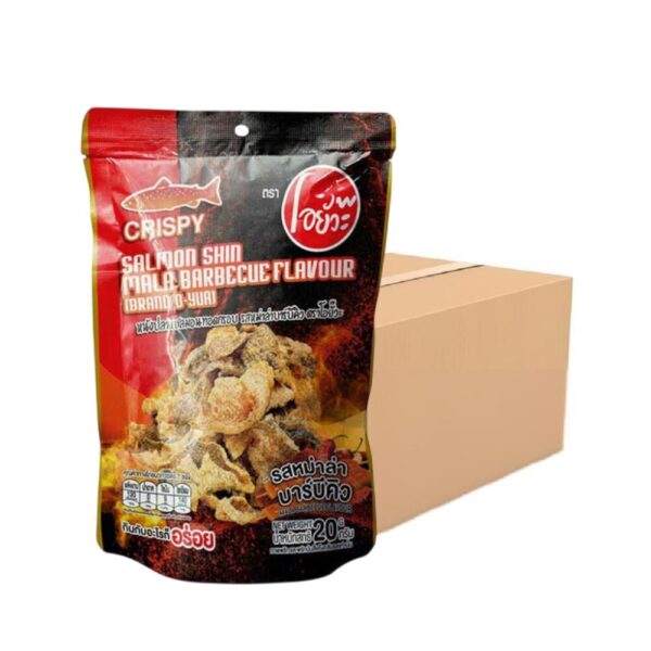 makro-snack-1800 O-yua หนังปลา แซลมอนทอดกรอบ รสหม่าล่าบาร์บีคิว 20g. Crispy salmon skin Mala BQQ แบบลัง (36 ซอง/ลัง)