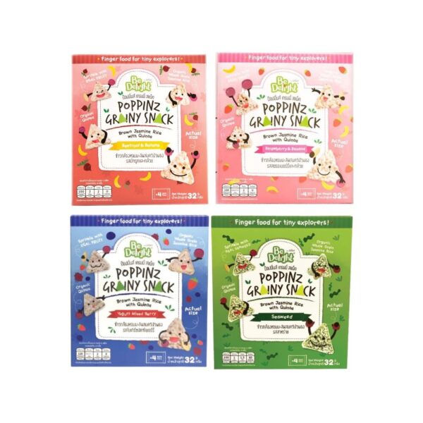 makro-snack-1808 Be Delight (บีดีไลท์) ป๊อปปิ้นส์ เกรนนี่ สแน็ค ข้าวกล้องหอมมะลิออแกนิคผสมควินัวพอง 4 รส เซ็ต 4 กล่อง (32 กรัม/กล่อง)