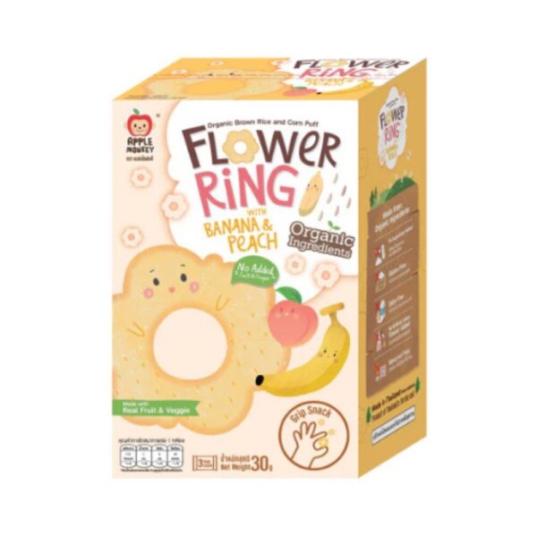 makro-snack-1903 APPLE MONKEY พัฟข้าวกล้องออร์แกนิกผสมผักและผลไม้ รสกล้วยพีช 1กล่อง(3ซอง)30กรัม