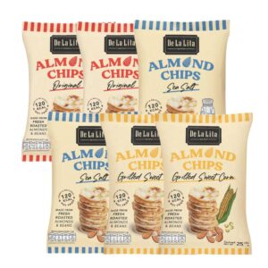 ALMOND CHIPS 25 กรัม ขนมอบกรอบอร่อย แคลต่ํา ไม่ทอด เจ วีแกน De La Lita เดอลาลิต้า อัลมอนด์ชิปส์ ขนมคลีน คละรส 6 ซอง