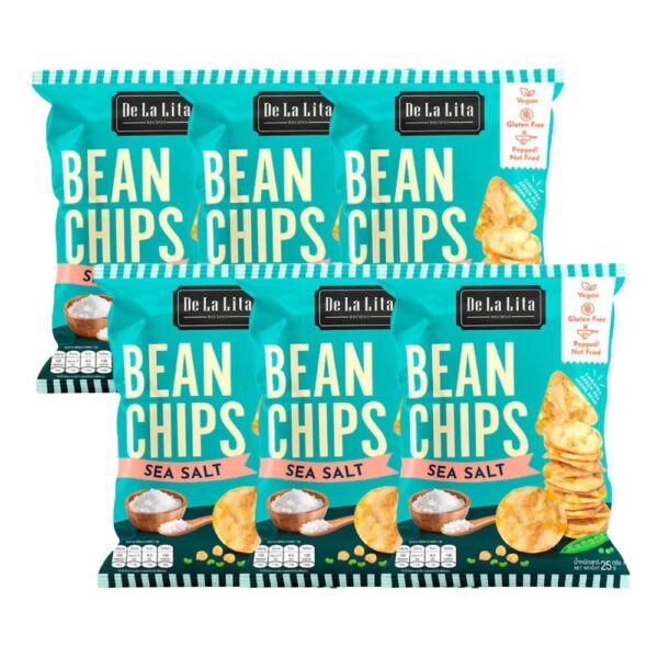 BEAN CHIPS ถั่ว 3 ชนิด แคลต่ํา ไม่ทอด เจ กลูเต็นฟรี De La Lita เดอลาลิต้า ขนมคลีน บีนชิปส์ ขนมคลีน Sea Salt 6 ซอง