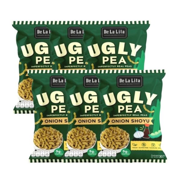 makro-snack-1986 UGLY PEA 30 กรัม อร่อย แคลต่ํา ไม่ทอด ทําจากถั่วลันเตา De La Lita เดอลาลิต้า อักลี่พี ขนมคลีน Onion & Shoyu 6 ซอง