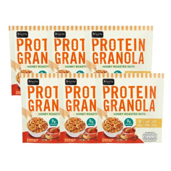 makro-snack-1987 PROTEIN GRANOLA 35 กรัม ธัญพืชอบกรอบรสดาร์กช็อคโกแลตและรสถั่วน้ําผึ้ง De La Lita เดอลาลิต้า โปรตีนกราโนล่า 6 ซอง HONEY ROAST...