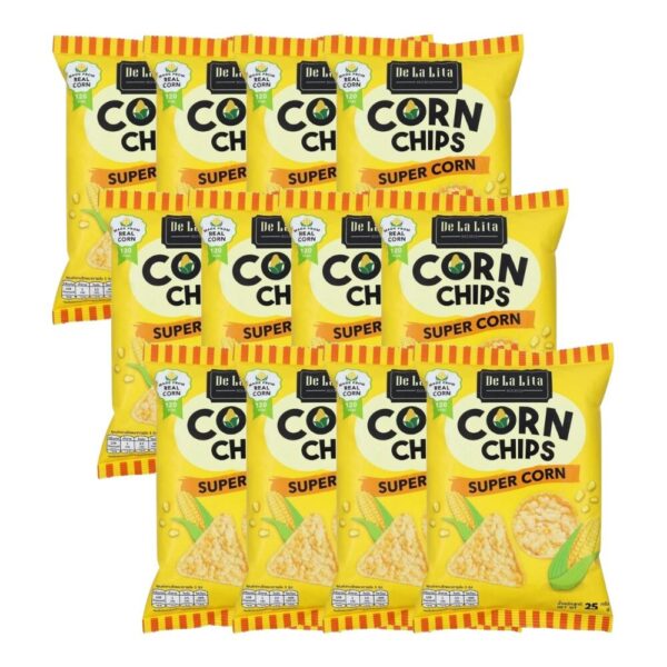 CORN CHIPS 25 กรัม ขนมอบกรอบอร่อย แคลต่ํา ไม่ทอด ทําจากข้าวโพด 100% De La Lita เดอลาลิต้า คอร์นชิปส์ ขนมคลีน Super Corn 12 ซอง
