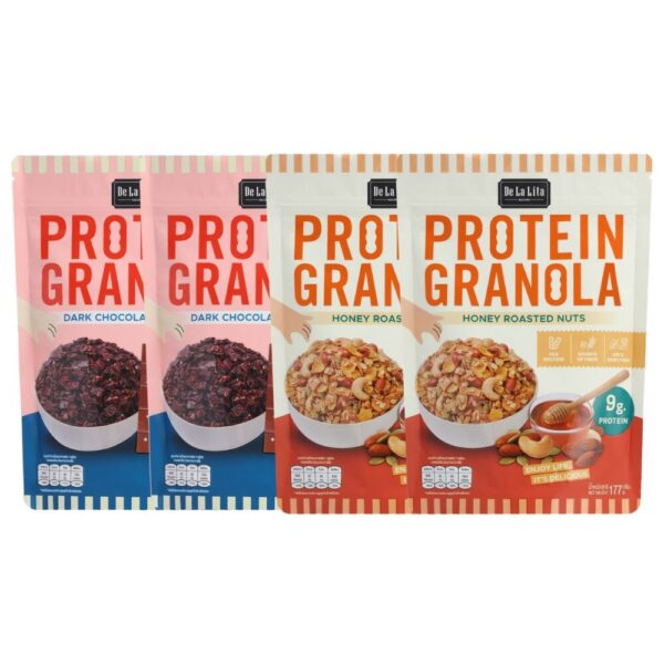 [ซองใหญ่] PROTEIN GRANOLA 177 กรัม ธัญพืชอบกรอบรสดาร์กช็อคโกแลตและรสถั่วน้ําผึ้ง De La Lita เดอลาลิต้า โปรตีนกราโนล่า คละรส,4 ซอง