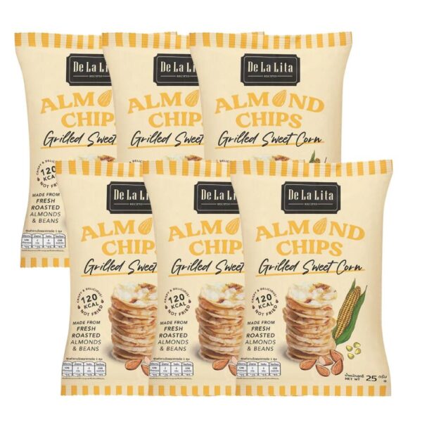 makro-snack-1998 ALMOND CHIPS 25 กรัม ขนมอบกรอบอร่อย แคลต่ํา ไม่ทอด เจ วีแกน De La Lita เดอลาลิต้า อัลมอนด์ชิปส์ ขนมคลีน SWEET CORN 6 ซอง