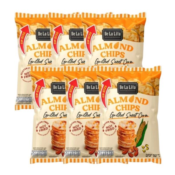[ยกลังซองใหญ่] ALMOND CHIPS 52 กรัม ขนมอบกรอบอร่อย แคลต่ํา ไม่ทอด เจ วีแกน De La Lita เดอลาลิต้า อัลมอนด์ชิปส์ ขนมคลีน GRILLED SWEET CORN,6 ซอง
