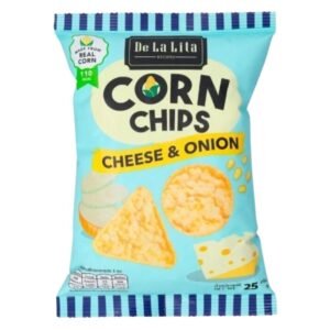 [1 ซอง] CORN CHIPS 25 กรัม ขนมอบกรอบอร่อย แคลต่ํา ไม่ทอด ทําจากข้าวโพด 100% De La Lita เดอลาลิต้า คอร์นชิปส์ ขนมคลีน CHEESE&ONION