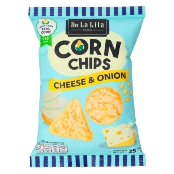 [1 ซอง] CORN CHIPS 25 กรัม ขนมอบกรอบอร่อย แคลต่ํา ไม่ทอด ทําจากข้าวโพด 100% De La Lita เดอลาลิต้า คอร์นชิปส์ ขนมคลีน CHEESE&ONION