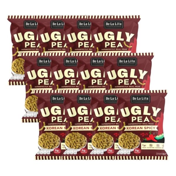 makro-snack-2001 UGLY PEA 30 กรัม อร่อย แคลต่ํา ไม่ทอด ทําจากถั่วลันเตา De La Lita เดอลาลิต้า อักลี่พี ขนมคลีน Spicy Korean 12 ซอง