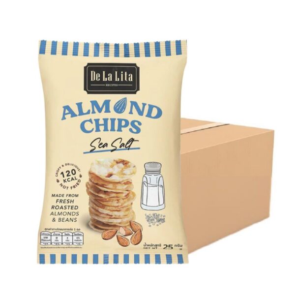 makro-snack-2004 ALMOND CHIPS 25 กรัม ขนมอบกรอบอร่อย แคลต่ํา ไม่ทอด เจ วีแกน De La Lita เดอลาลิต้า อัลมอนด์ชิปส์ ขนมคลีน SEA SALT 24 ซอง