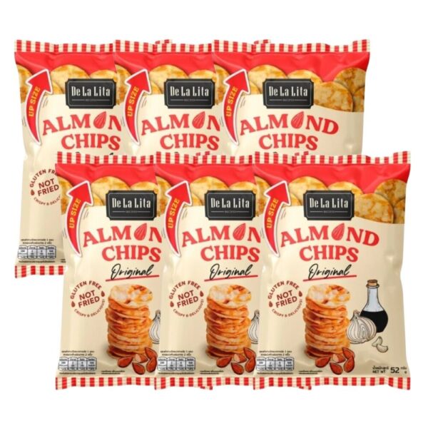 [ยกลังซองใหญ่] ALMOND CHIPS 52 กรัม ขนมอบกรอบอร่อย แคลต่ํา ไม่ทอด เจ วีแกน De La Lita เดอลาลิต้า อัลมอนด์ชิปส์ ขนมคลีน ORIGINAL,6 ซอง