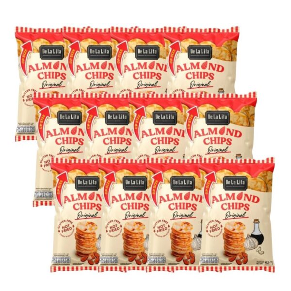[ยกลังซองใหญ่] ALMOND CHIPS 52 กรัม ขนมอบกรอบอร่อย แคลต่ํา ไม่ทอด เจ วีแกน De La Lita เดอลาลิต้า อัลมอนด์ชิปส์ ขนมคลีน ORIGINAL,12 ซอง