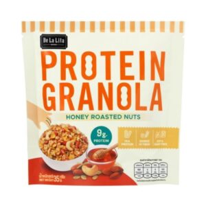 [1 ซอง] PROTEIN GRANOLA 35 กรัม ธัญพืชอบกรอบรสดาร์กช็อคโกแลตและรสถั่วน้ําผึ้ง De La Lita เดอลาลิต้า โปรตีนกราโนล่า HONEY ROASTED NUT