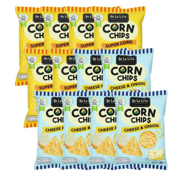 CORN CHIPS 25 กรัม ขนมอบกรอบอร่อย แคลต่ํา ไม่ทอด ทําจากข้าวโพด 100% De La Lita เดอลาลิต้า คอร์นชิปส์ ขนมคลีน คละรส 12