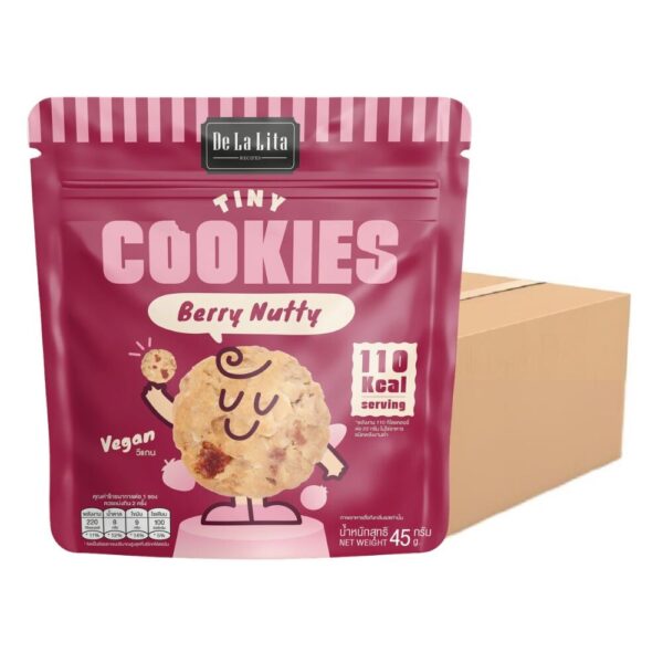TINY COOKIE ไทนี่คุกกี้ ขนาด 45 กรัม วีแกน แคลต่ํา De La Lita เดอลาลิต้า ขนมคลีน BERRY NUTTY 24 ซอง