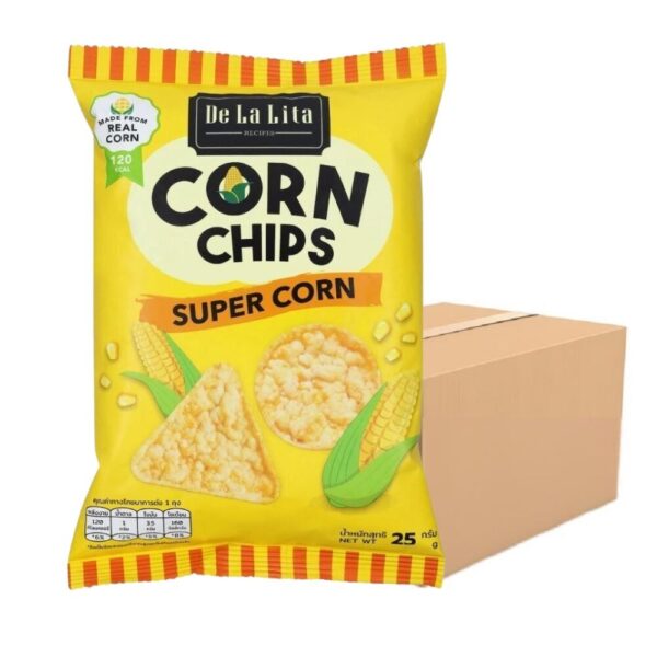 makro-snack-2023 CORN CHIPS 25 กรัม ขนมอบกรอบอร่อย แคลต่ํา ไม่ทอด ทําจากข้าวโพด 100% De La Lita เดอลาลิต้า คอร์นชิปส์ ขนมคลีน Super Corn 24 ซอง