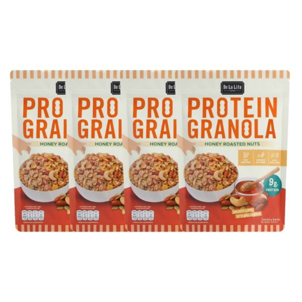 [ซองใหญ่] PROTEIN GRANOLA 177 กรัม ธัญพืชอบกรอบรสดาร์กช็อคโกแลตและรสถั่วน้ําผึ้ง De La Lita เดอลาลิต้า โปรตีนกราโนล่า HONEY ROASTED NUT,4 ซอง