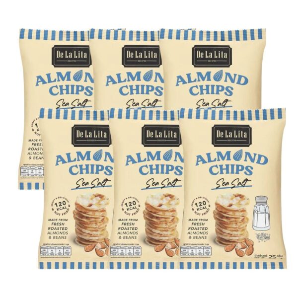 makro-snack-2027 ALMOND CHIPS 25 กรัม ขนมอบกรอบอร่อย แคลต่ํา ไม่ทอด เจ วีแกน De La Lita เดอลาลิต้า อัลมอนด์ชิปส์ ขนมคลีน SEA SALT 6 ซอง