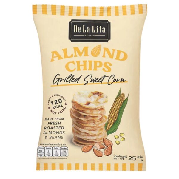 [1 ซอง] ALMOND CHIPS 25 กรัม ขนมอบกรอบอร่อย แคลต่ํา ไม่ทอด เจ วีแกน De La Lita เดอลาลิต้า อัลมอนด์ชิปส์ ขนมคลีน GRILLED SWEET CORN