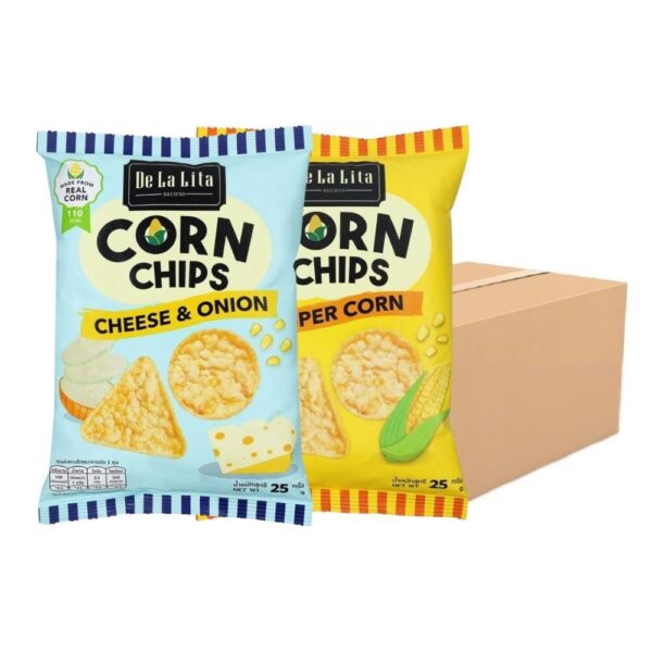 makro-snack-2043 CORN CHIPS 25 กรัม ขนมอบกรอบอร่อย แคลต่ํา ไม่ทอด ทําจากข้าวโพด 100% De La Lita เดอลาลิต้า คอร์นชิปส์ ขนมคลีน คละรส 24