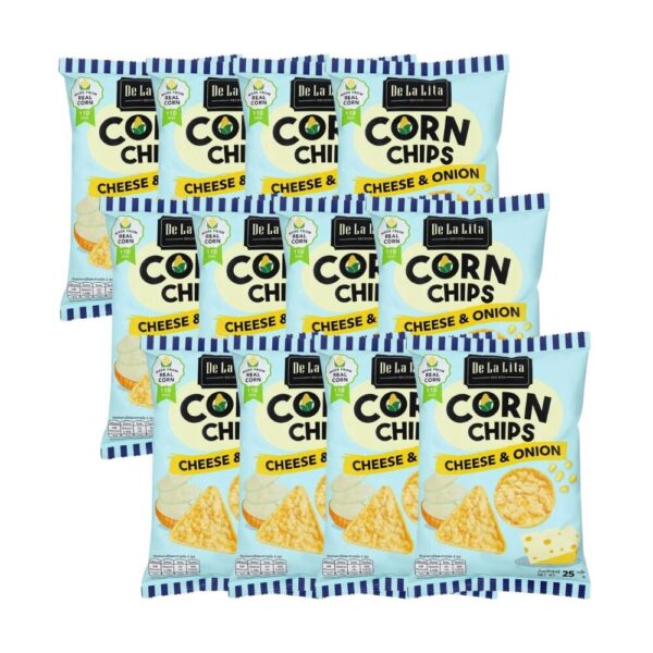 CORN CHIPS 25 กรัม ขนมอบกรอบอร่อย แคลต่ํา ไม่ทอด ทําจากข้าวโพด 100% De La Lita เดอลาลิต้า คอร์นชิปส์ ขนมคลีน Cheese & Onion 12