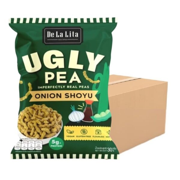 makro-snack-2046 UGLY PEA 30 กรัม อร่อย แคลต่ํา ไม่ทอด ทําจากถั่วลันเตา De La Lita เดอลาลิต้า อักลี่พี ขนมคลีน Onion & Shoyu 24 ซอง