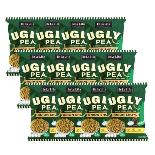 UGLY PEA 30 กรัม อร่อย แคลต่ํา ไม่ทอด ทําจากถั่วลันเตา De La Lita เดอลาลิต้า อักลี่พี ขนมคลีน Onion & Shoyu 12 ซอง