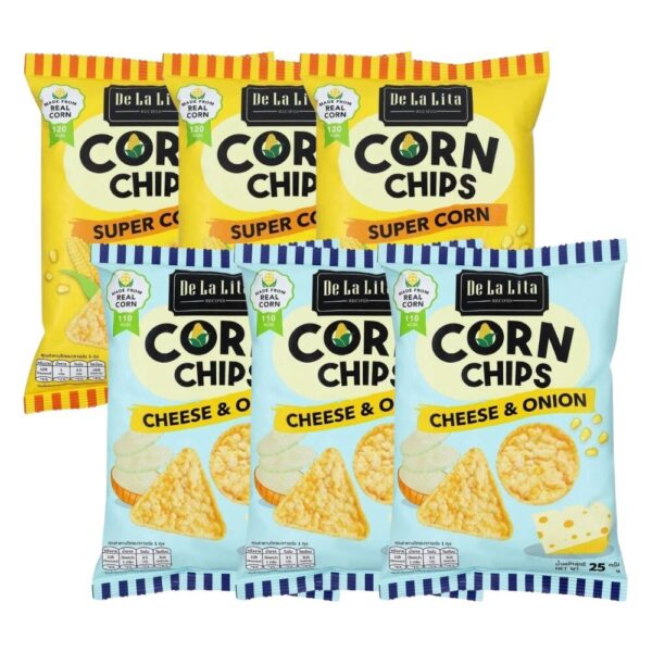 makro-snack-2053 CORN CHIPS 25 กรัม ขนมอบกรอบอร่อย แคลต่ํา ไม่ทอด ทําจากข้าวโพด 100% De La Lita เดอลาลิต้า คอร์นชิปส์ ขนมคลีน คละรส 6