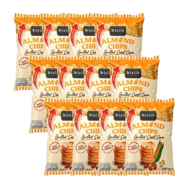 [ยกลังซองใหญ่] ALMOND CHIPS 52 กรัม ขนมอบกรอบอร่อย แคลต่ํา ไม่ทอด เจ วีแกน De La Lita เดอลาลิต้า อัลมอนด์ชิปส์ ขนมคลีน GRILLED SWEET CORN,12 ซอง
