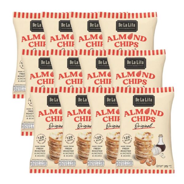 ALMOND CHIPS 25 กรัม ขนมอบกรอบอร่อย แคลต่ํา ไม่ทอด เจ วีแกน De La Lita เดอลาลิต้า อัลมอนด์ชิปส์ ขนมคลีน ORIGINAL 12 ซอง