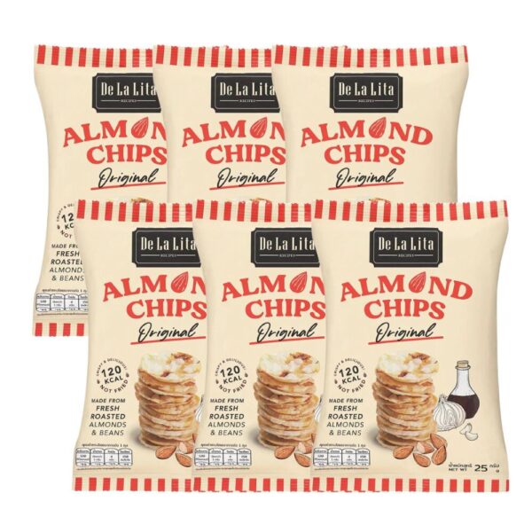 ALMOND CHIPS 25 กรัม ขนมอบกรอบอร่อย แคลต่ํา ไม่ทอด เจ วีแกน De La Lita เดอลาลิต้า อัลมอนด์ชิปส์ ขนมคลีน ORIGINAL 6 ซอง