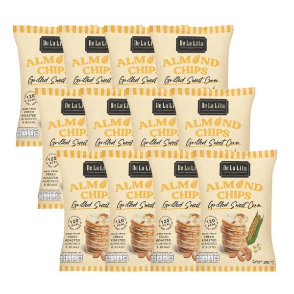 makro-snack-2062 ALMOND CHIPS 25 กรัม ขนมอบกรอบอร่อย แคลต่ํา ไม่ทอด เจ วีแกน De La Lita เดอลาลิต้า อัลมอนด์ชิปส์ ขนมคลีน SWEET CORN 12 ซอง