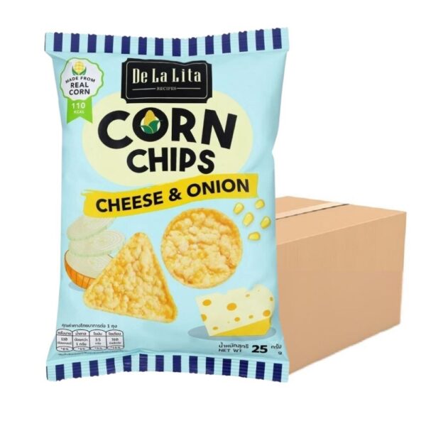 makro-snack-2066 CORN CHIPS 25 กรัม ขนมอบกรอบอร่อย แคลต่ํา ไม่ทอด ทําจากข้าวโพด 100% De La Lita เดอลาลิต้า คอร์นชิปส์ ขนมคลีน Cheese & Onion 24