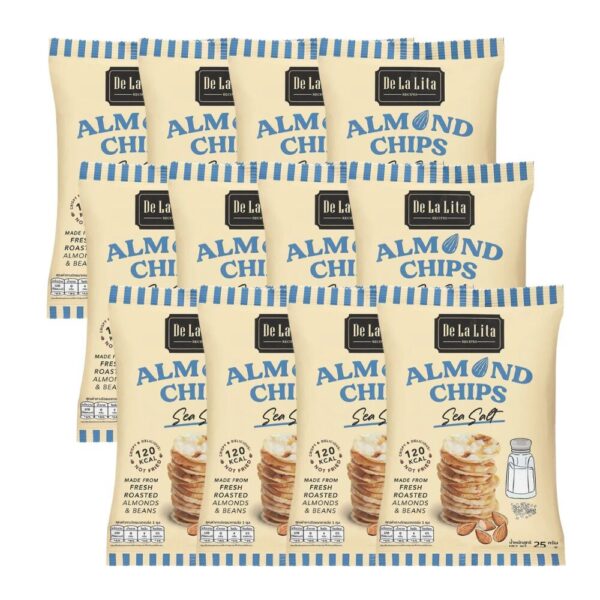 makro-snack-2067 ALMOND CHIPS 25 กรัม ขนมอบกรอบอร่อย แคลต่ํา ไม่ทอด เจ วีแกน De La Lita เดอลาลิต้า อัลมอนด์ชิปส์ ขนมคลีน SEA SALT 12 ซอง