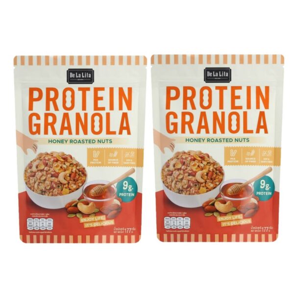 [ซองใหญ่] PROTEIN GRANOLA 177 กรัม ธัญพืชอบกรอบรสดาร์กช็อคโกแลตและรสถั่วน้ําผึ้ง De La Lita เดอลาลิต้า โปรตีนกราโนล่า HONEY ROASTED NUT,2 ซอง