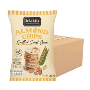 ALMOND CHIPS 25 กรัม ขนมอบกรอบอร่อย แคลต่ํา ไม่ทอด เจ วีแกน De La Lita เดอลาลิต้า อัลมอนด์ชิปส์ ขนมคลีน SWEET CORN 24 ซอง