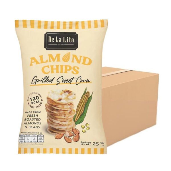 makro-snack-2070 ALMOND CHIPS 25 กรัม ขนมอบกรอบอร่อย แคลต่ํา ไม่ทอด เจ วีแกน De La Lita เดอลาลิต้า อัลมอนด์ชิปส์ ขนมคลีน SWEET CORN 24 ซอง