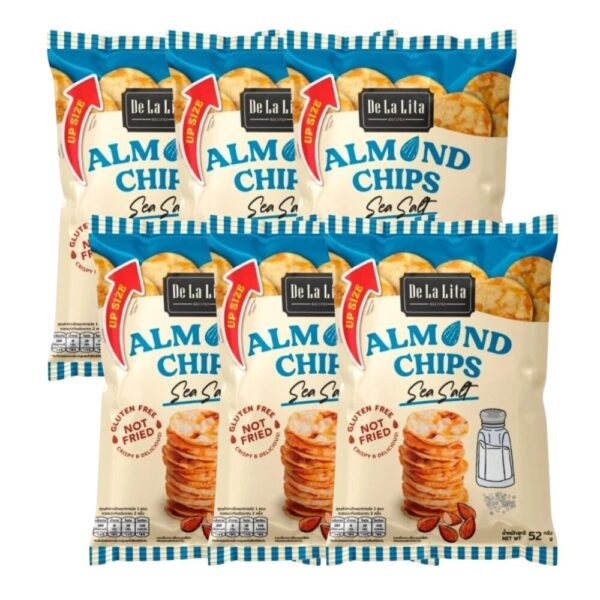 [ยกลังซองใหญ่] ALMOND CHIPS 52 กรัม ขนมอบกรอบอร่อย แคลต่ํา ไม่ทอด เจ วีแกน De La Lita เดอลาลิต้า อัลมอนด์ชิปส์ ขนมคลีน SEA SALT,6 ซอง
